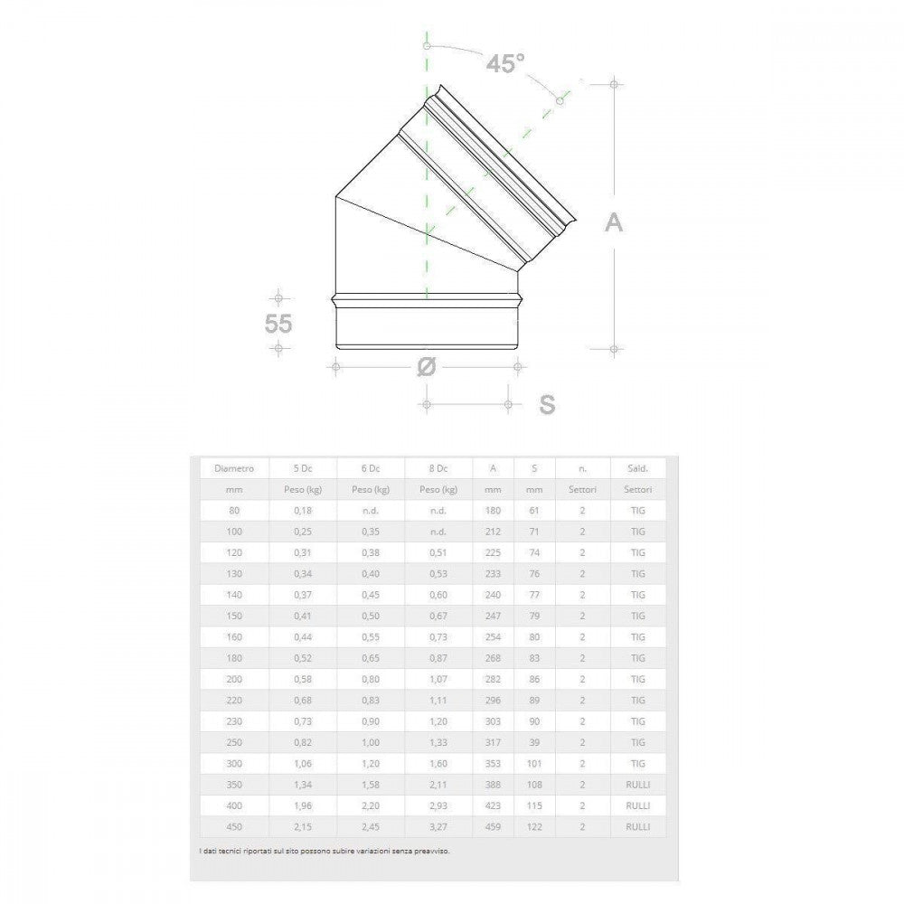 Gomito curva acciaio inox 120mm 5 decimi aisi 304, scegli se  45 gradi