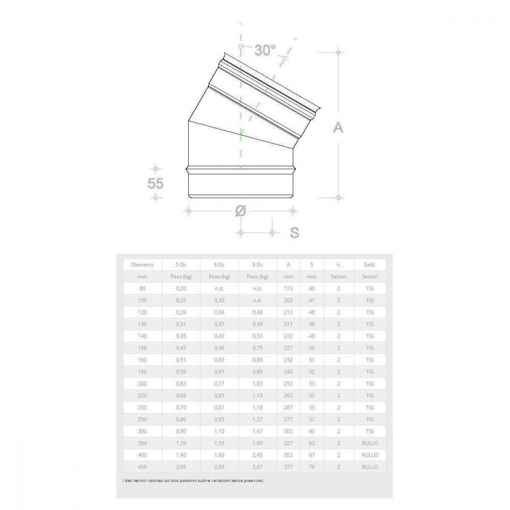 Gomito curva acciaio inox 140mm 5 decimi aisi 304, scegli se  30 gradi