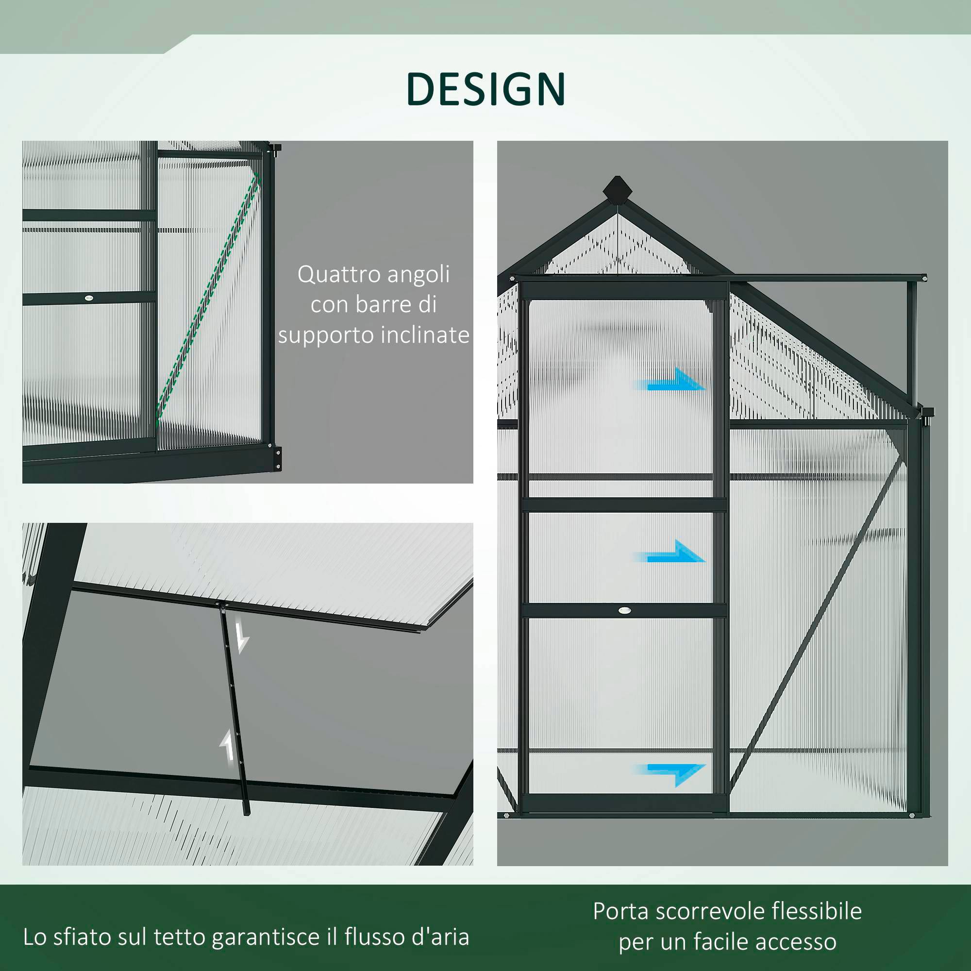 Serra in Policarbonato e Alluminio con Porta Scorrevole 1,9x1,9x2m Presa d'Aria e Grondaia Grigio