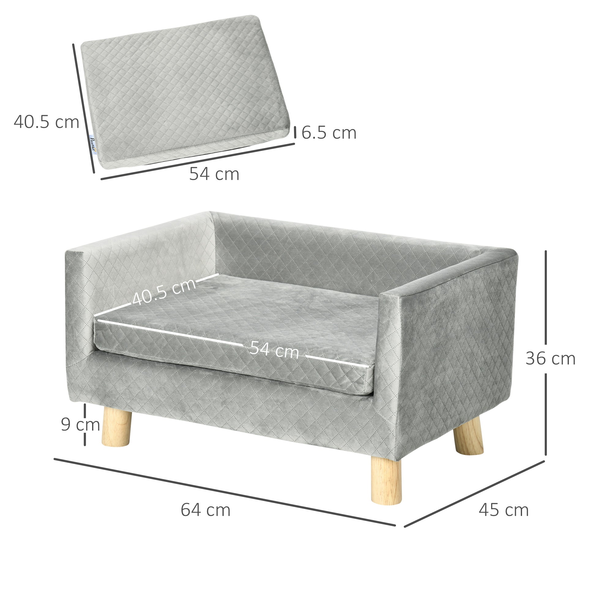 Cuccia Divanetto per Cani e Gatti Stile Scandinavo 64x45x36 cm Cuscino Imbottito in Velluto Grigio