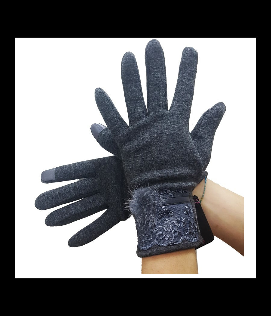 Guanti Tessuto Cotone Donna Grigio Pon Pon Pizzo Taglia 8 Gloves Fodera         