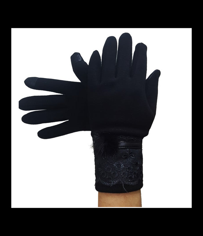 Guanti Tessuto Cotone Donna Nero Pon Pon Pizzo Taglia 8 1/2 Gloves Fodera Pile         