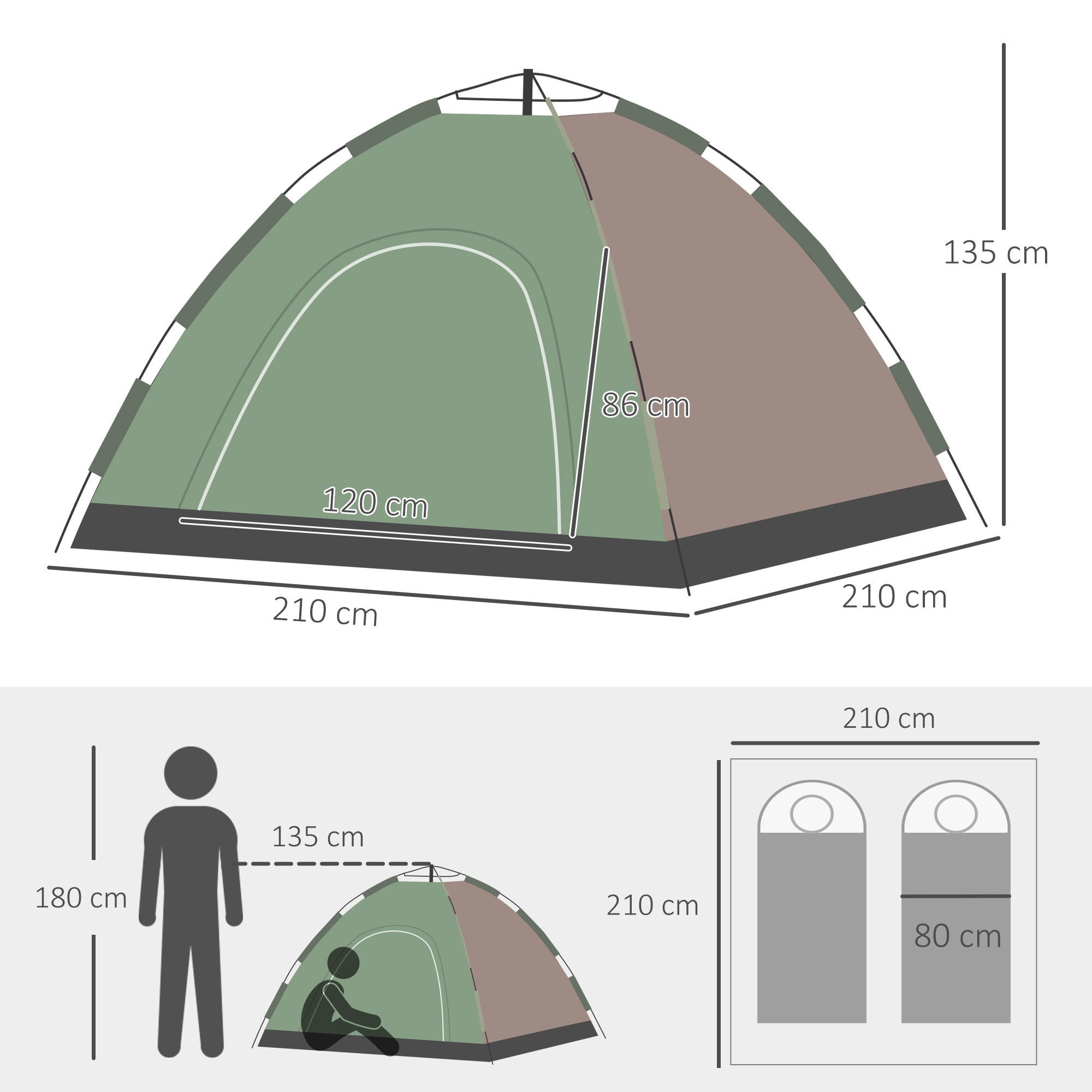 Tenda da Campeggio Pop-Up per 4 Persone 210x210x135 cm con Borsa da Trasporto Verde