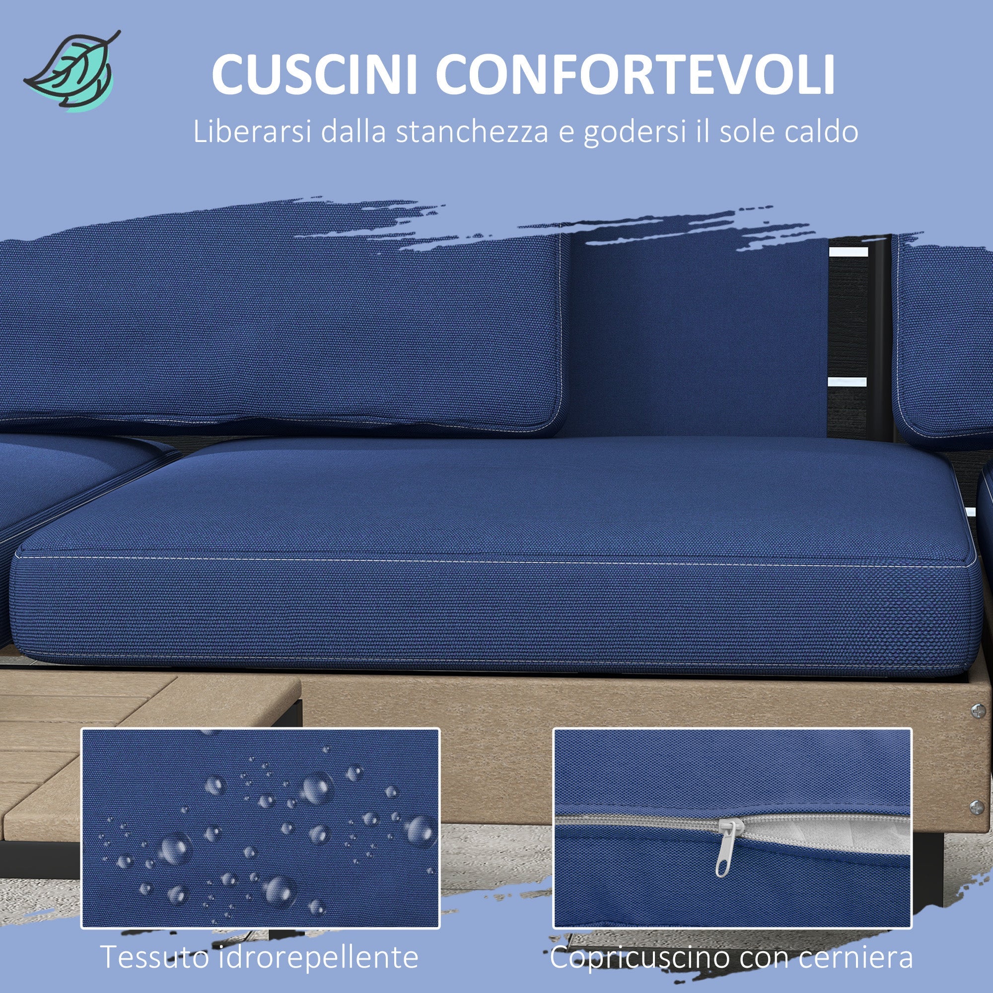 Set Salotto da Giardino Divano Angolare e Tavolino in Acciaio e HDPE con Cuscini Sfoderabili Blu