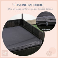 Casetta per Cani Rialzata con Cuscino Sfoderabile 117x85x89 cm in Rattan PE e Acciaio Grigio e Marrone