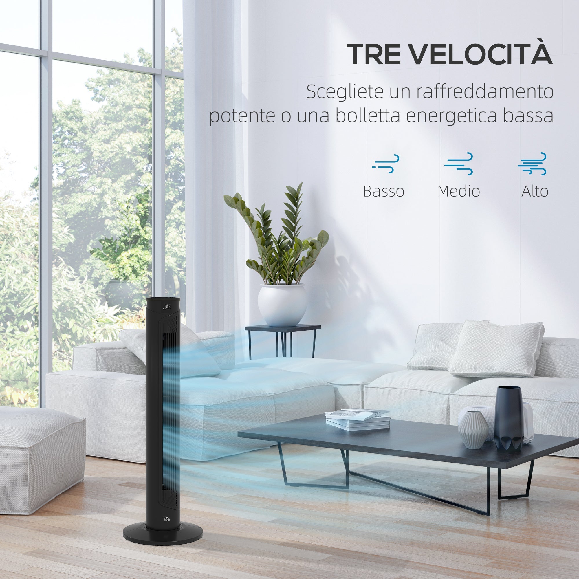 Ventilatore a Torre 45W a 4 Modalità e 3 Velocità con Timer da 12h Ø31.5x93 cm in ABS Nero