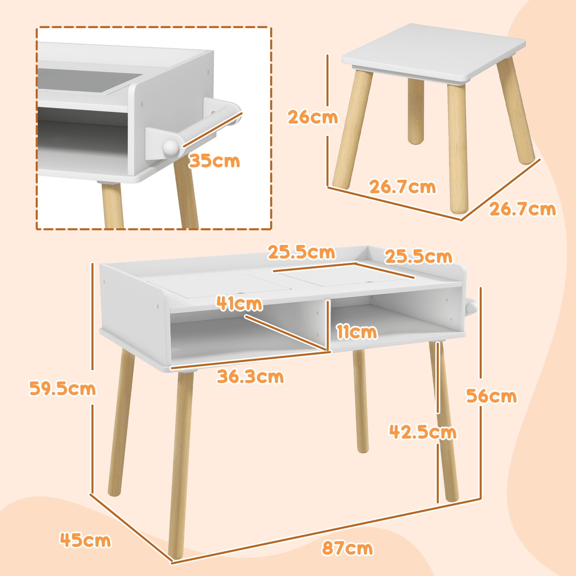 Set Tavolino con Sgabello per Bambini Banchetto con Piano Reversibile e Rotolo di Carta Bianco