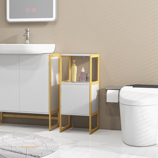 Mobile Bagno con Ripiano Aperto e Anta con Apertura a Pressione 33x33x80 cm in Bambù e MDF Bianco