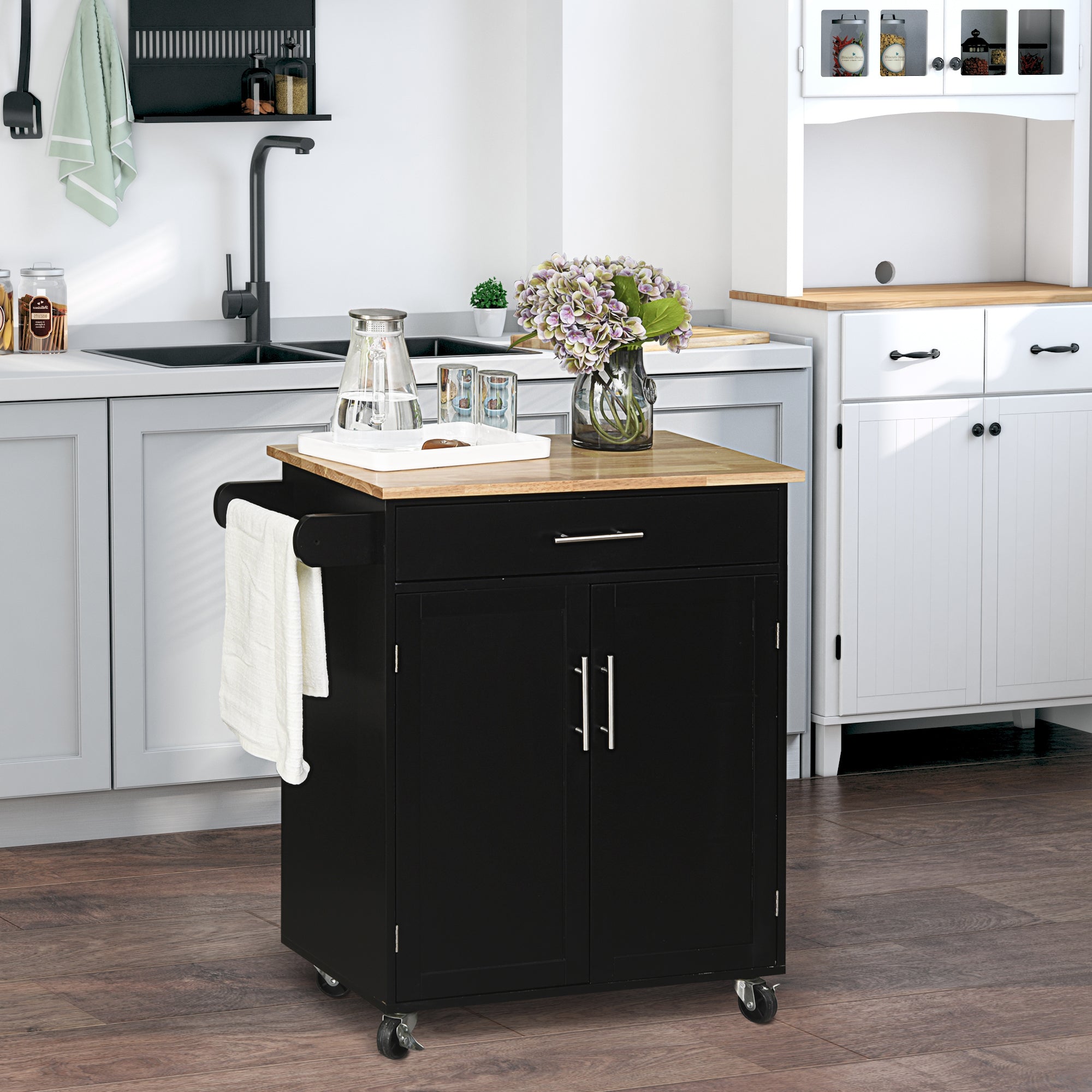 Carrello da Cucina 83x45x91,5 cm con Cassetto e Armadietto 2 Ante Ruote e Barra Laterale Nero