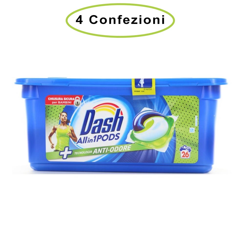 Dash allin1 pods detersivo per lavatrice in monodosi anti-odore 4 confezioni da 26 capsule