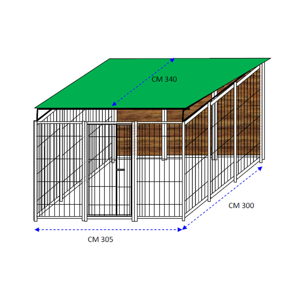 Recinto per cani da 3x3 metri coperto con tetto e retro in legno zincatura elettrolitica