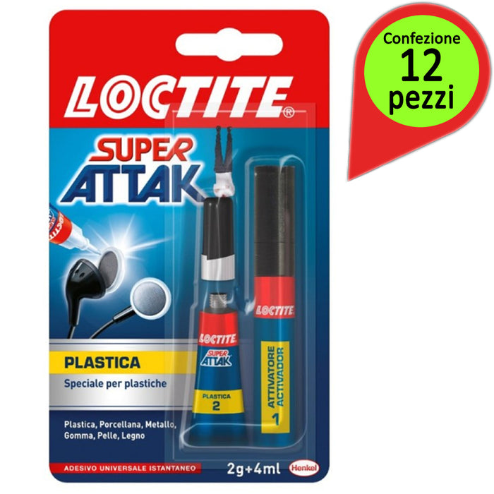 Loctite colla super attak plastica confezione da 12 tubi da 2 gr + 4 milliliter