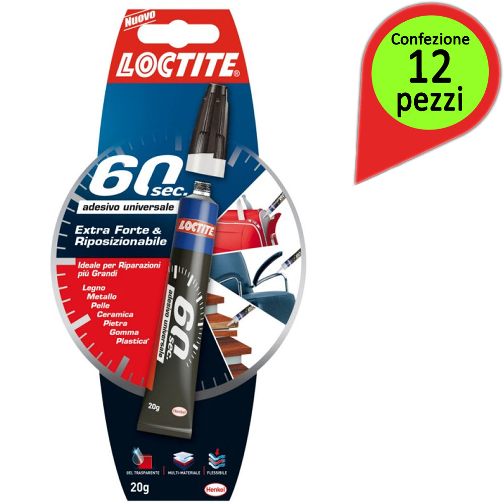 Loctite adesivo universale extra forte loctite 60 secondi confezione da 12 tubetti da 20 gr ciascuno