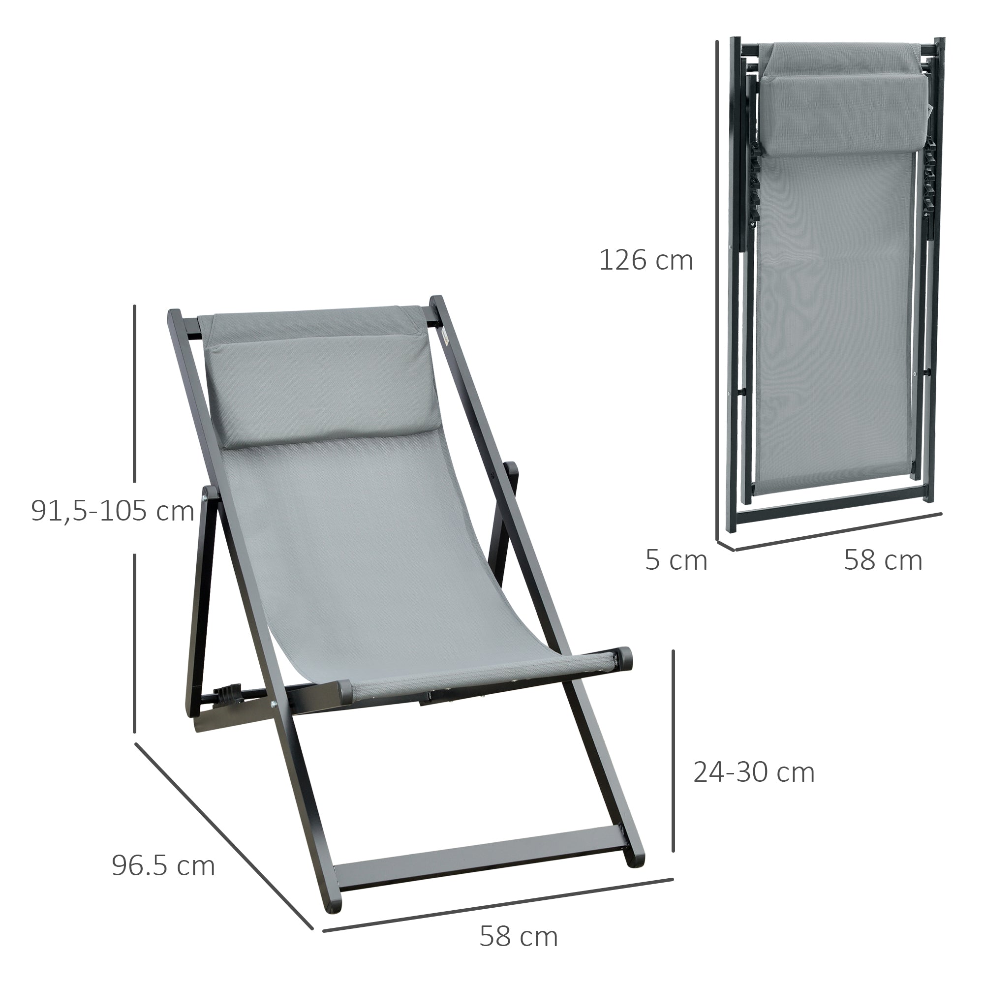 Set 2 Sedie Sdraio 96,5x58x91,5 cm in Alluminio Grigio