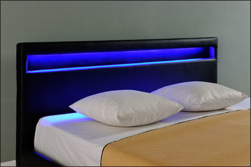 Letto Francese Imbottito 140x200 cm Testiera Alta con Illuminazione a LED Similpelle - Nero Corium