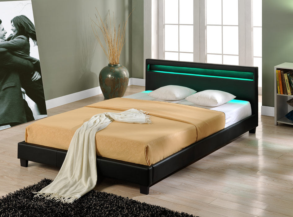 Letto Francese Imbottito 140x200 cm Testiera Alta con Illuminazione a LED Similpelle - Nero Corium