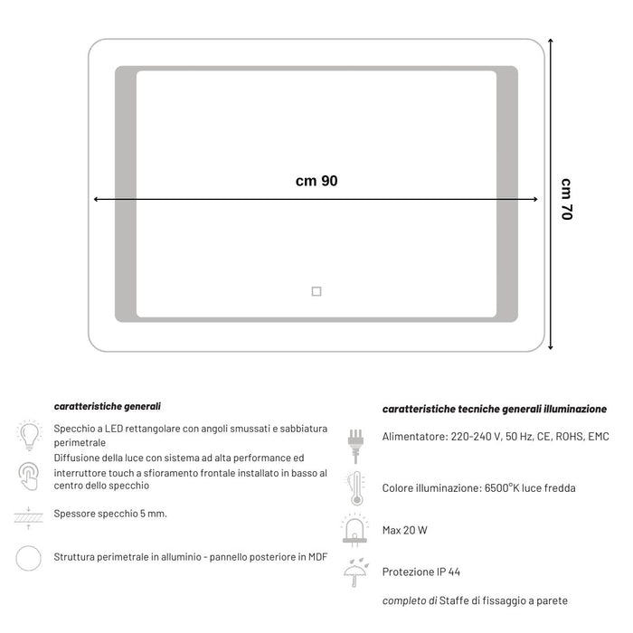 Ogomondo specchio 5 mm rettangolare cornice led interruttore touch alluminio mdf *** misure 90x70 cm, tonalità stand...