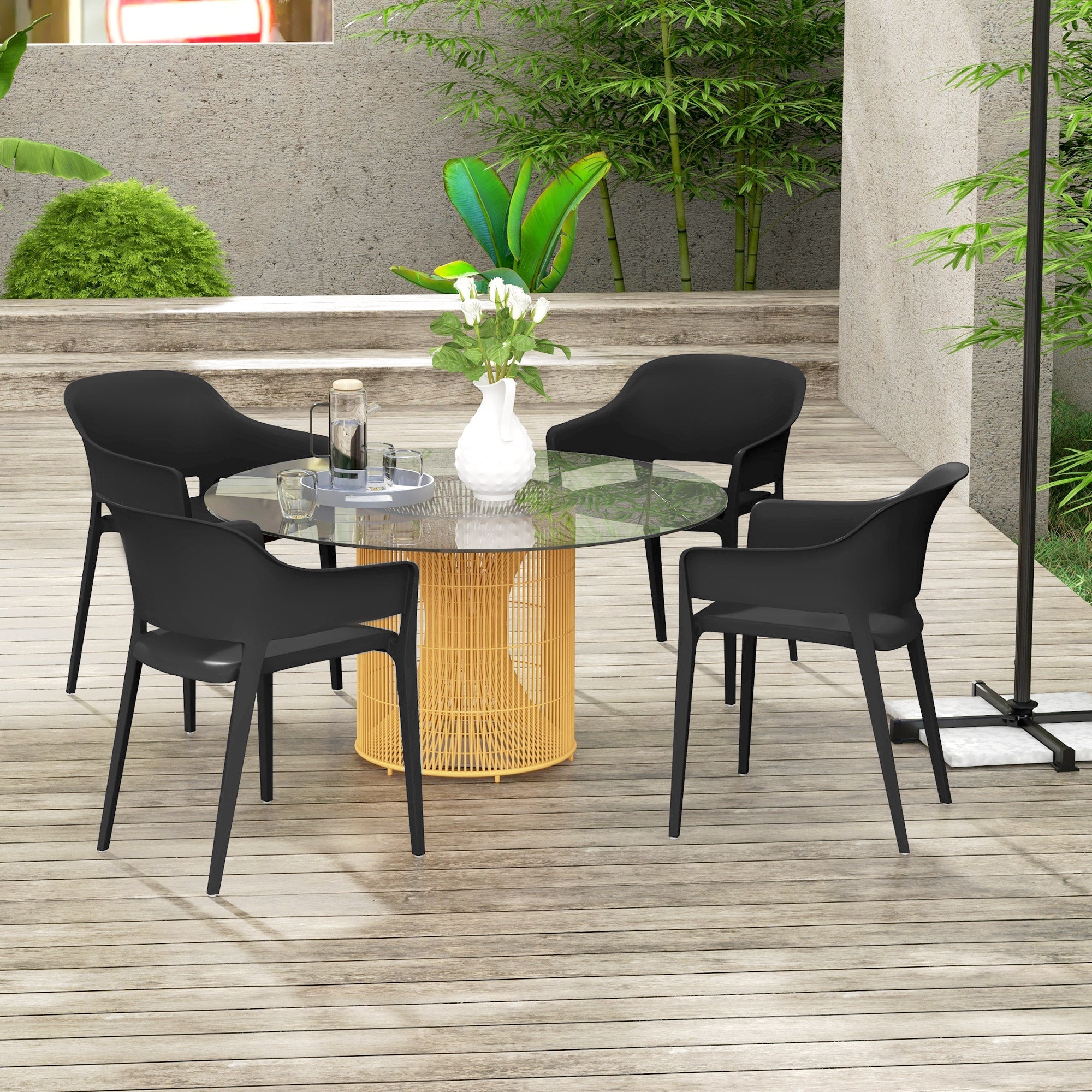 Set 4 Sedie da Giardino  Impilabili con Braccioli e Schienale Alto 56x54,5x77,5 cm in Plastica Nero