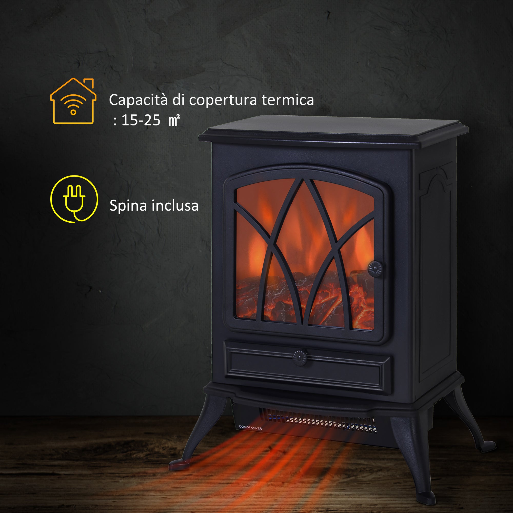 Camino Elettrico da Terra Effetto Fiamma in Stile Retrò Termostato 1000-2000W Nero