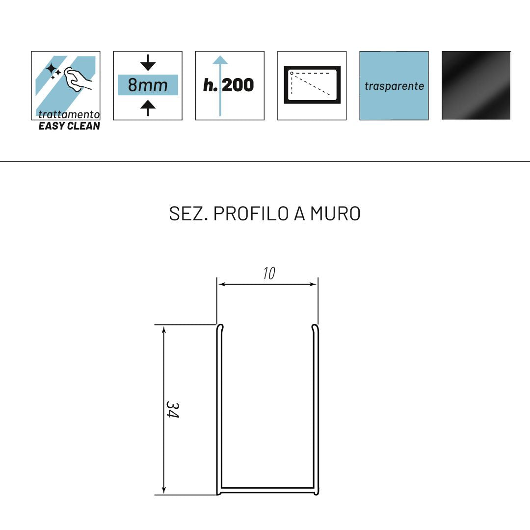 Ogomondo walk-in doccia black con riquadro profilo nero cristallo 8 mm *** misure 147-149xh200 cm, confezione 1