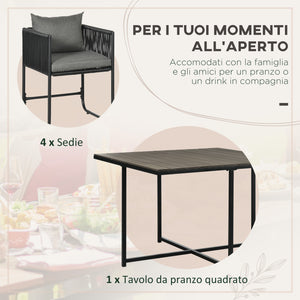 Set Tavolo e 4 Sedie da Giardino con Cuscini in Rattan PE e Acciaio Nero e Grigio