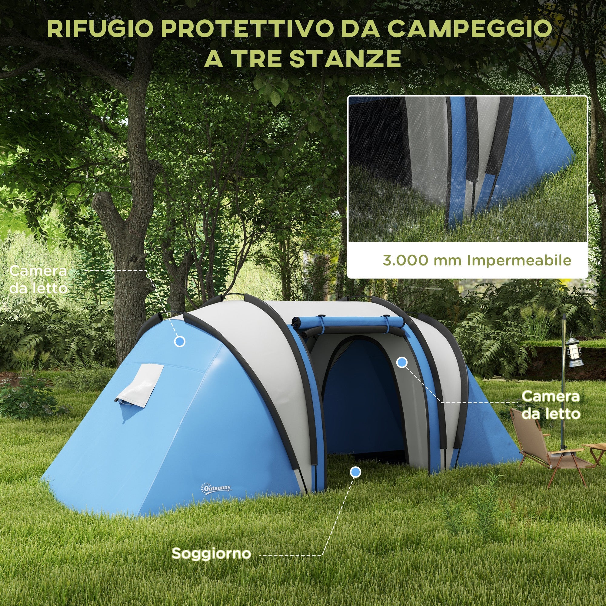 Tenda da Campeggio 2 Posti Impermeabile con 2 Stanze Borsa di Trasporto 220x450x180 cm in Poliestere Blu