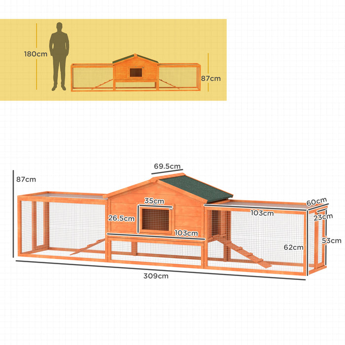 Conigliera da Esterno Casetta Rampe e 2 Recinti 309x69,5x87 cm in Legno Arancione