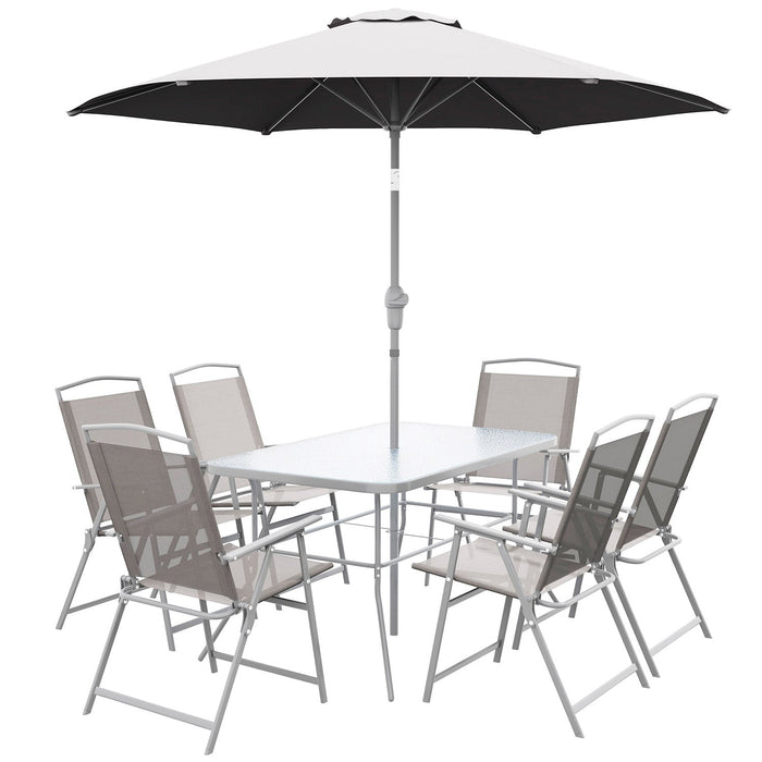 Set Tavolo con Top in Vetro 6 Sedie Pieghevoli e Ombrellone a Manovella da Giardino in Metallo e Rete Grigio