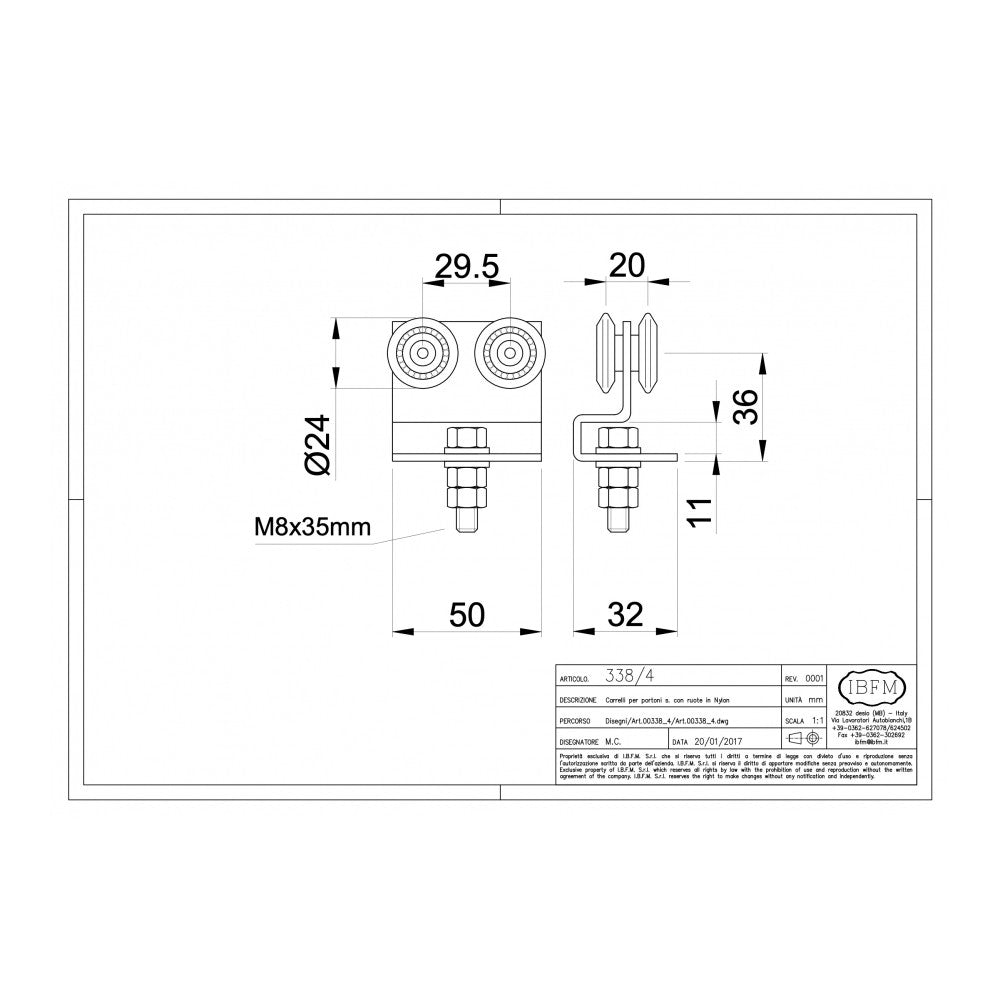 Ibfm art. 338/4 carrello in acciaio zincato con staffa e 4 ruote da 24m per monorotaia 339p