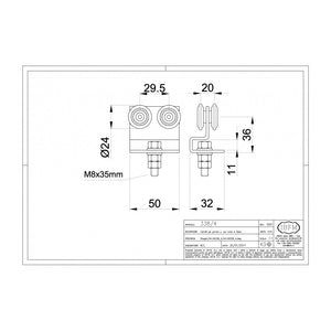 Ibfm art. 338/4 carrello in acciaio zincato con staffa e 4 ruote da 24m per monorotaia 339p