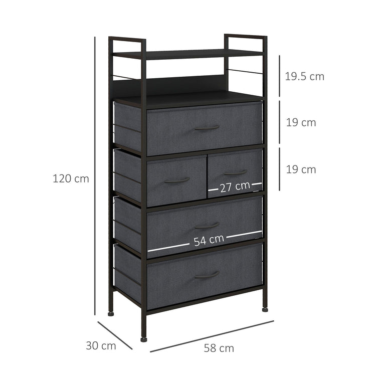 Cassettiera 5 Cassetti Moderna in Tessuto non Tessuto 58x30x120 cm In Acciaio e MDF Nera