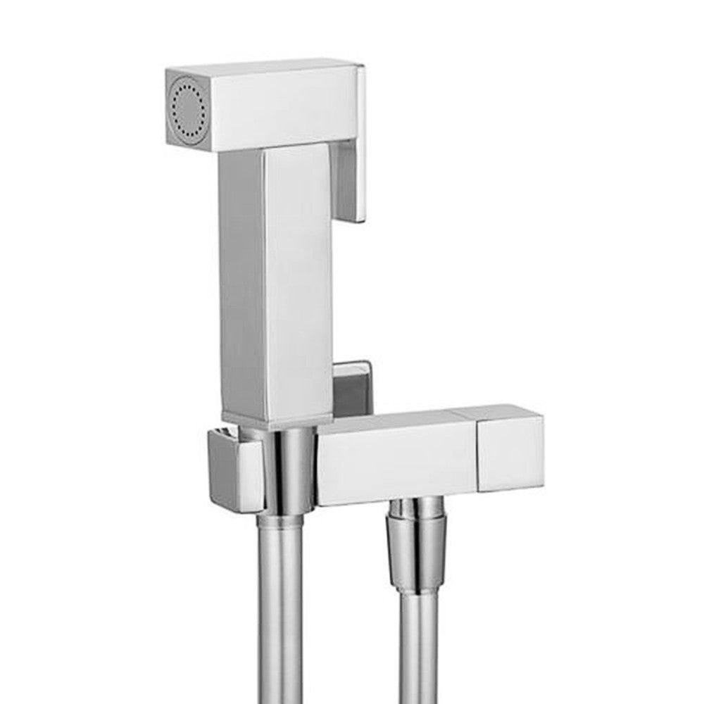 Set bidet quadrato in ottone cromato con tubo flessibile silver