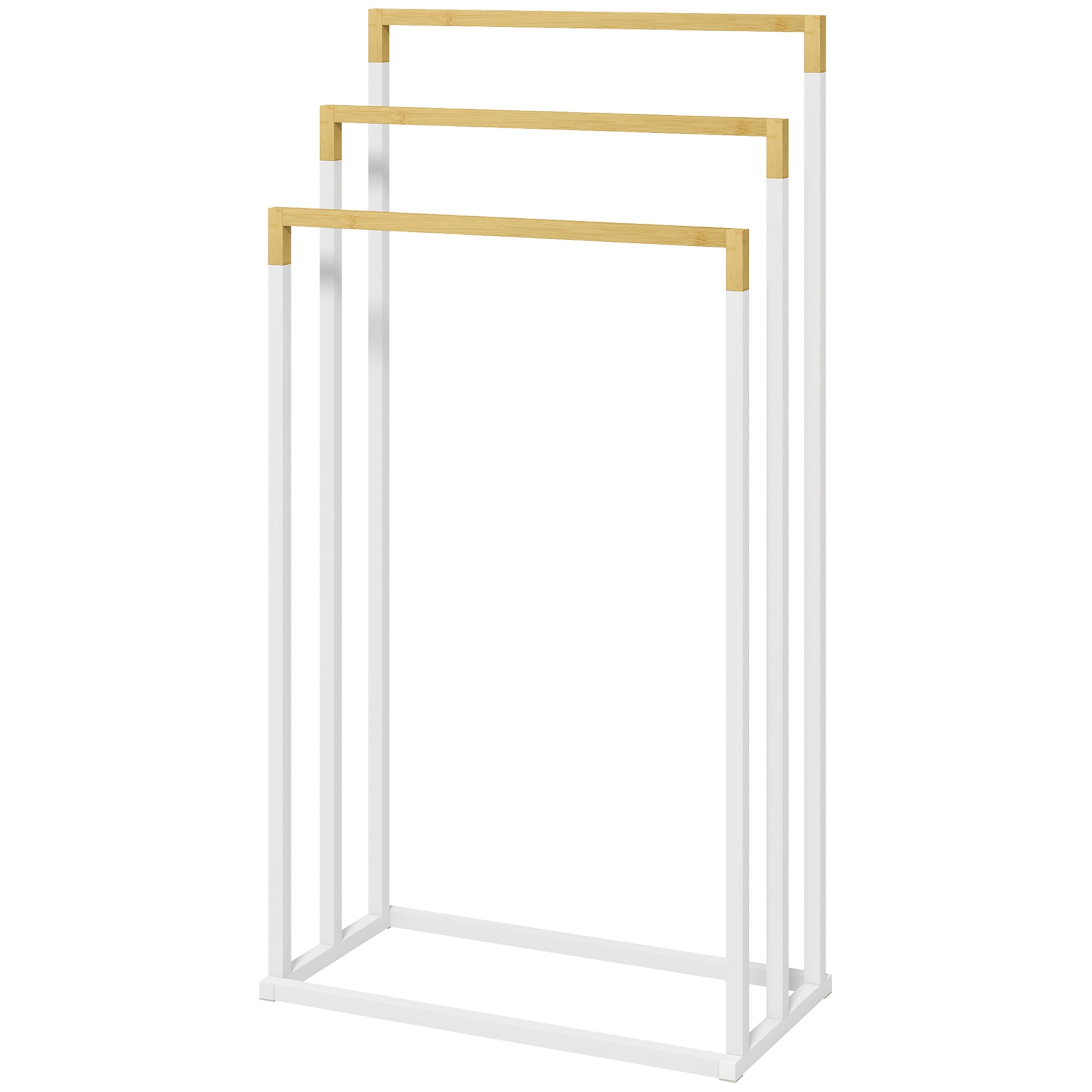 Portasciugamani Autoportante a 3 Sbarre 45x22,5x86 cm in Bambù e Acciaio Bianco e Legno