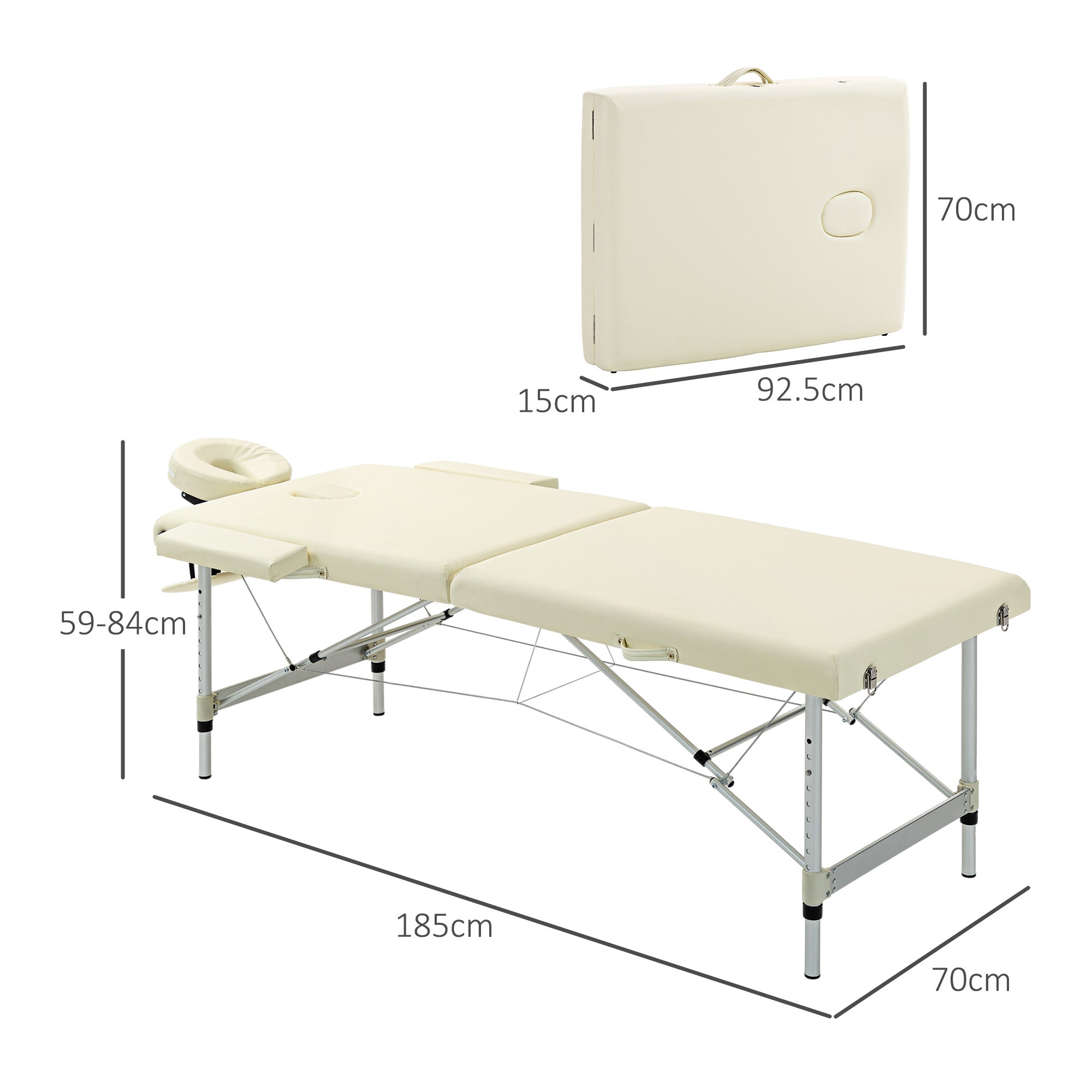 Lettino Massaggi Portatile Pieghevole 185x70x59-84 cm in Alluminio e Similpelle Bianco