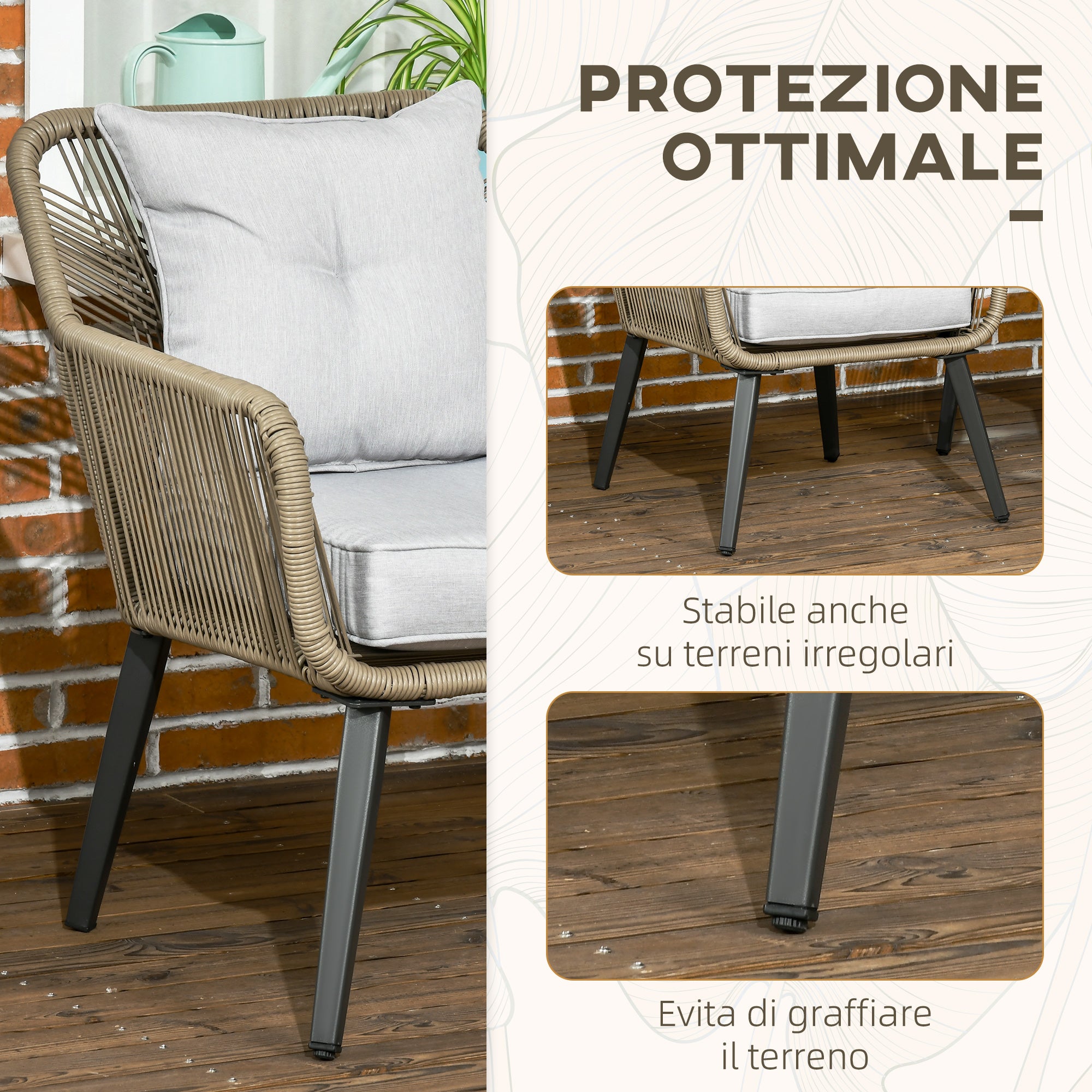 Set Tavolino e 2 Sedie da Giardino in Rattan PE e Acciaio Grigio