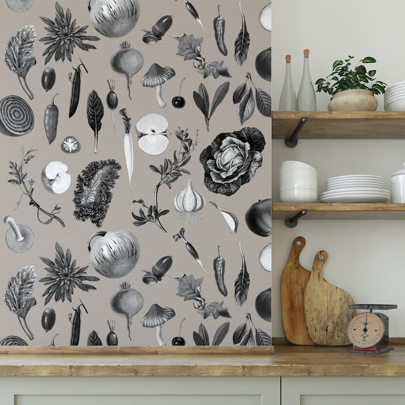 Carta da Parati Cucina con Illustrazioni Botaniche Carta Vegana 250x200cm 5,5mq 