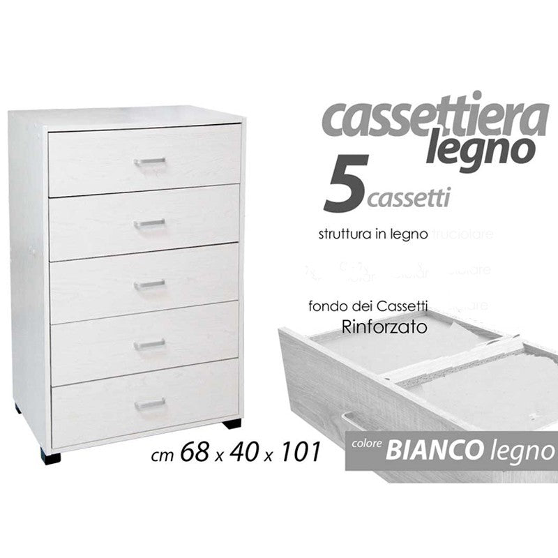 Cassettiera 5 cassetti bianca multiuso cm 68 x 40 x 101 h