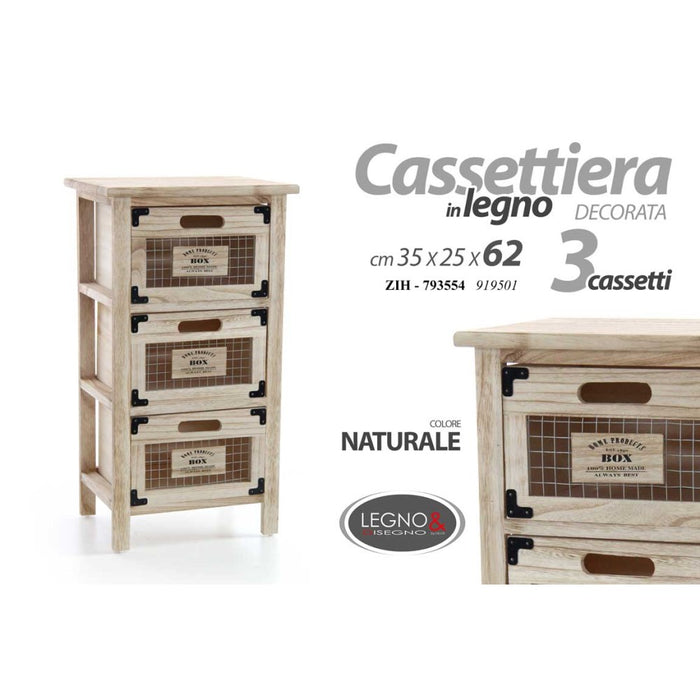 Mobile cassettiera Home  legno natural  3 cassetti  cm 34 x 25 x 62 h