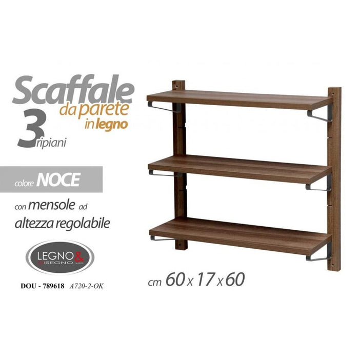 Scaffale a parete in legno  3 ripiani regolabili 60x17xh.60 cm