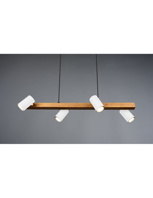 Lampada Sospensione Lineare Legno 4 Spot Cilindrici Orientabili Bianco Marley Trio Lighting