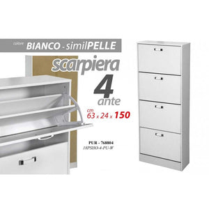 Scarpiera moderna bianca 4 ribalte ecopelle cm 63 x 24 x 150 h slim