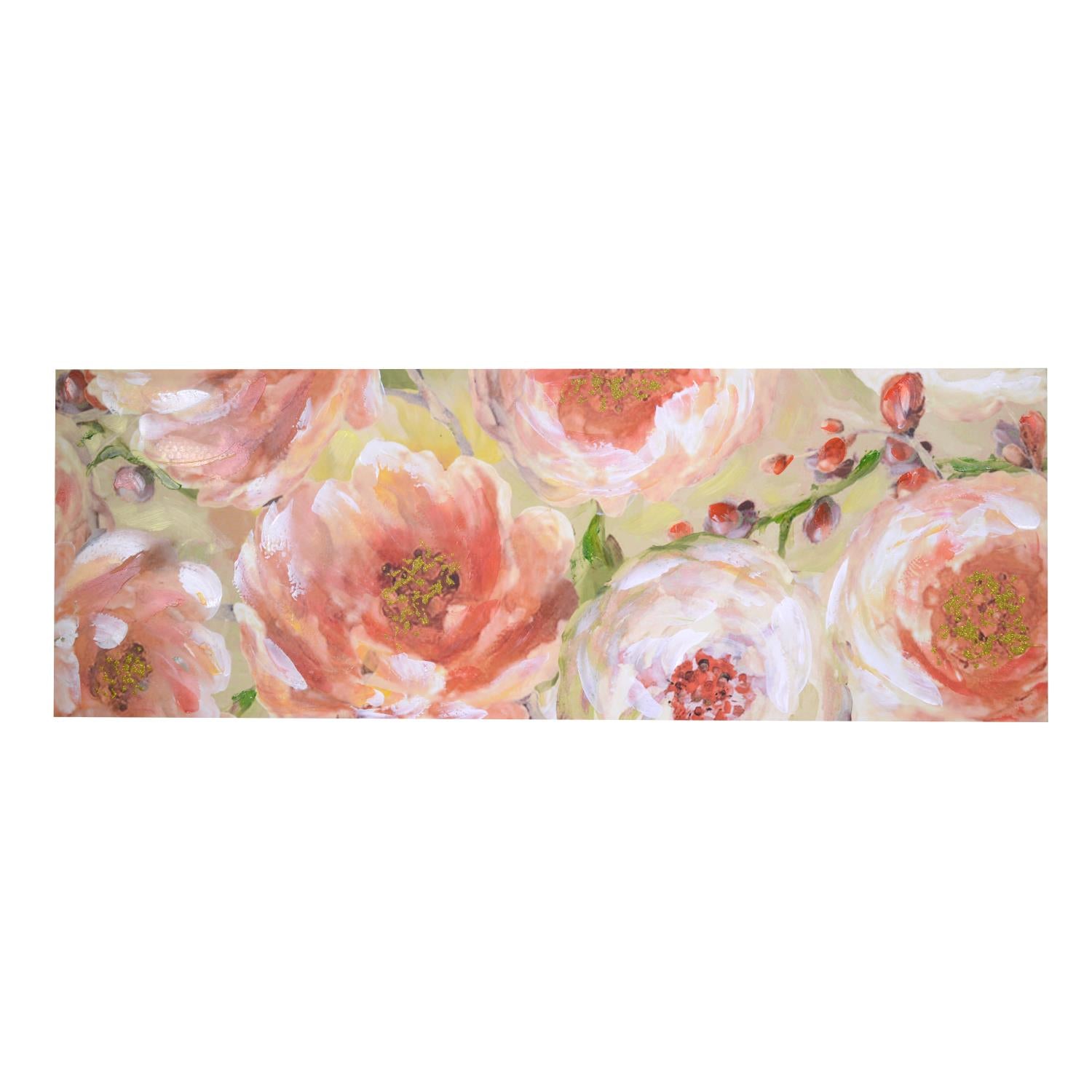 Quadro dipinto fiori rosa verde cm50x150x3