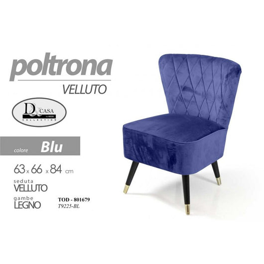 Poltrona in velluto blu  con piedi legno cm 63 x 66 x 84 h