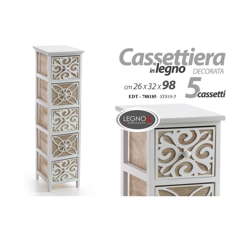 Cassettiera stretta  5 cassetti in legno cm 26 x 32 x 98 h