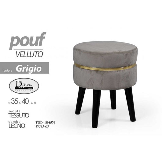 Sgabello in tessuto velluto con  gambe in legno pouf cm 35 x 40 h grigio