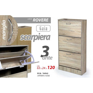 Scarpiera rovere tre ribalte con due divisori    cm 63 x 24 x 120 h