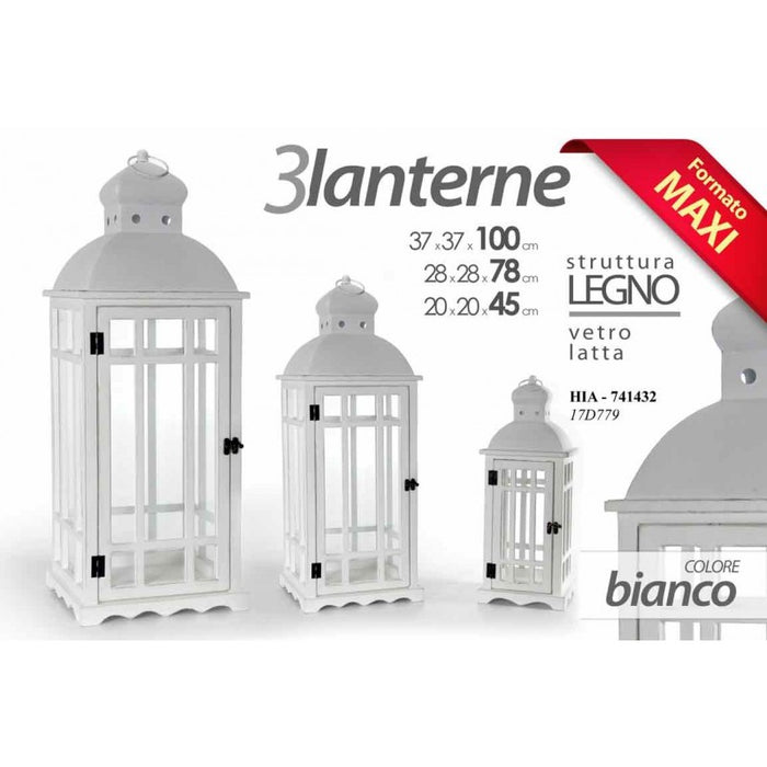 Set tre lanterne per candele  in legno vetro e latta maxi giganti