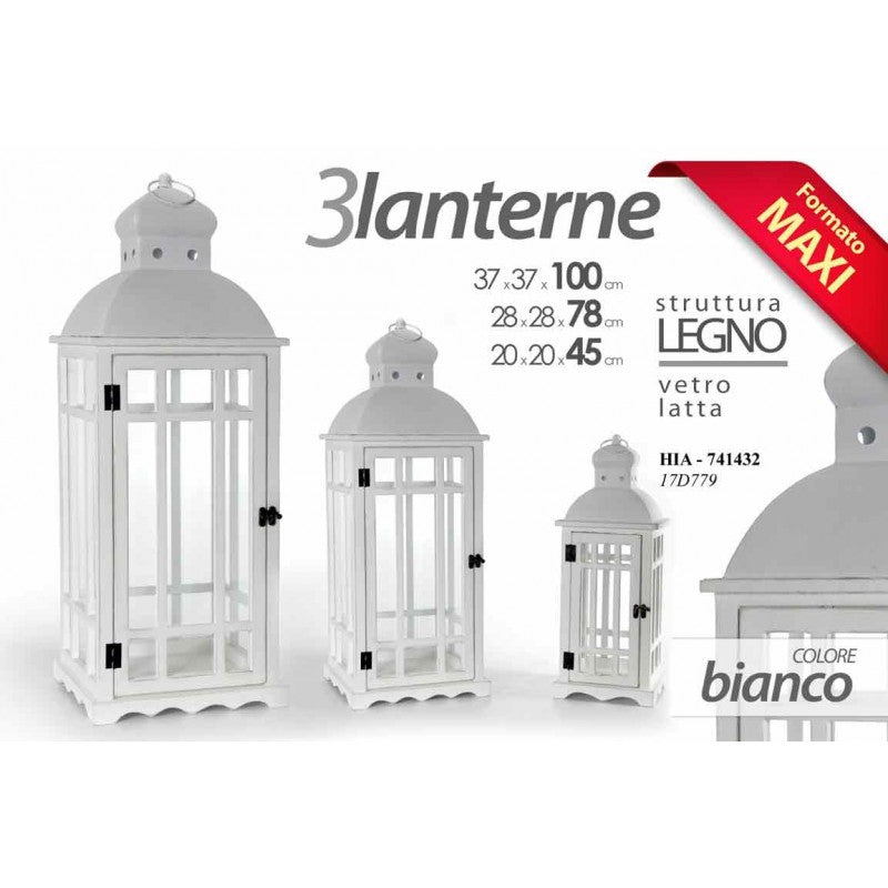 Set tre lanterne per candele  in legno vetro e latta maxi giganti