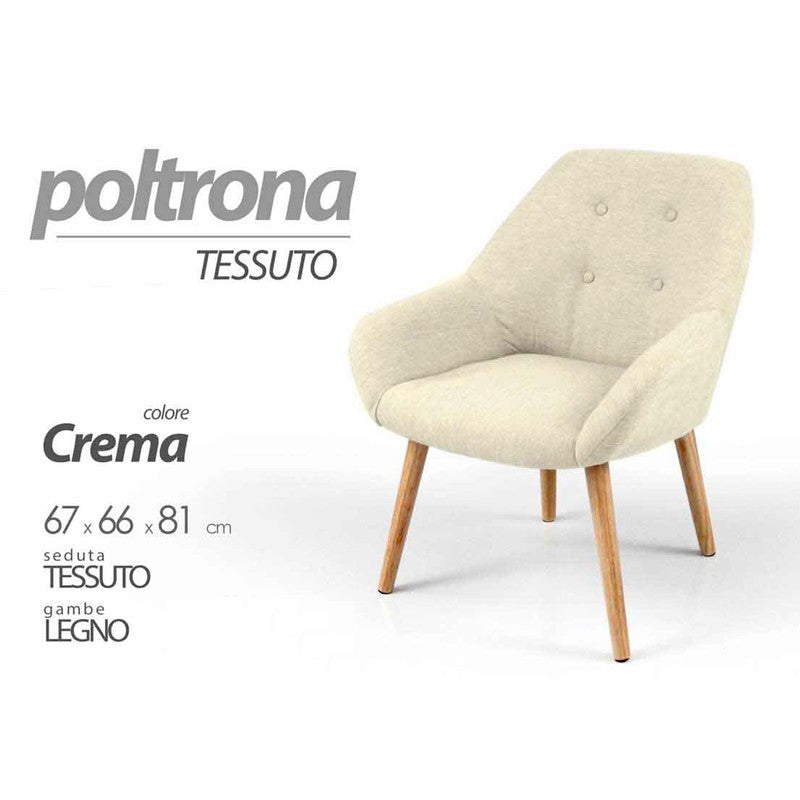 Poltrona chic tessuto da camera salotto piedi legno cm 67 x 66 x 81 h crema