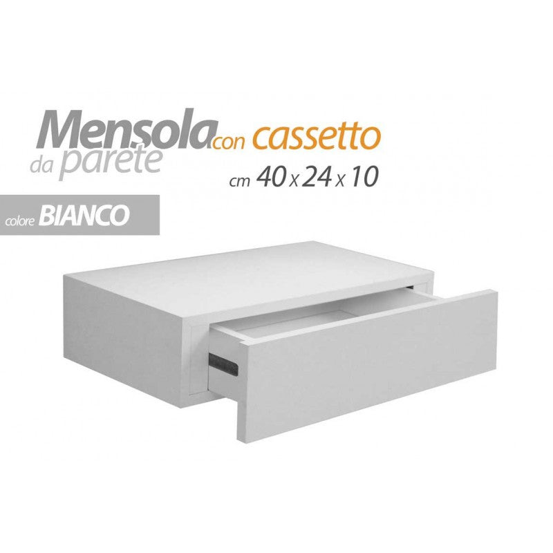 Mensola bianca a muro con cassetto nascosto cm 40 x 24 x 10 h